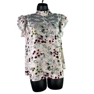 Luna Rae Floral Lace Blouse Sheer Yoke‎ Ruffle Sleeve Top Size Large Elegant